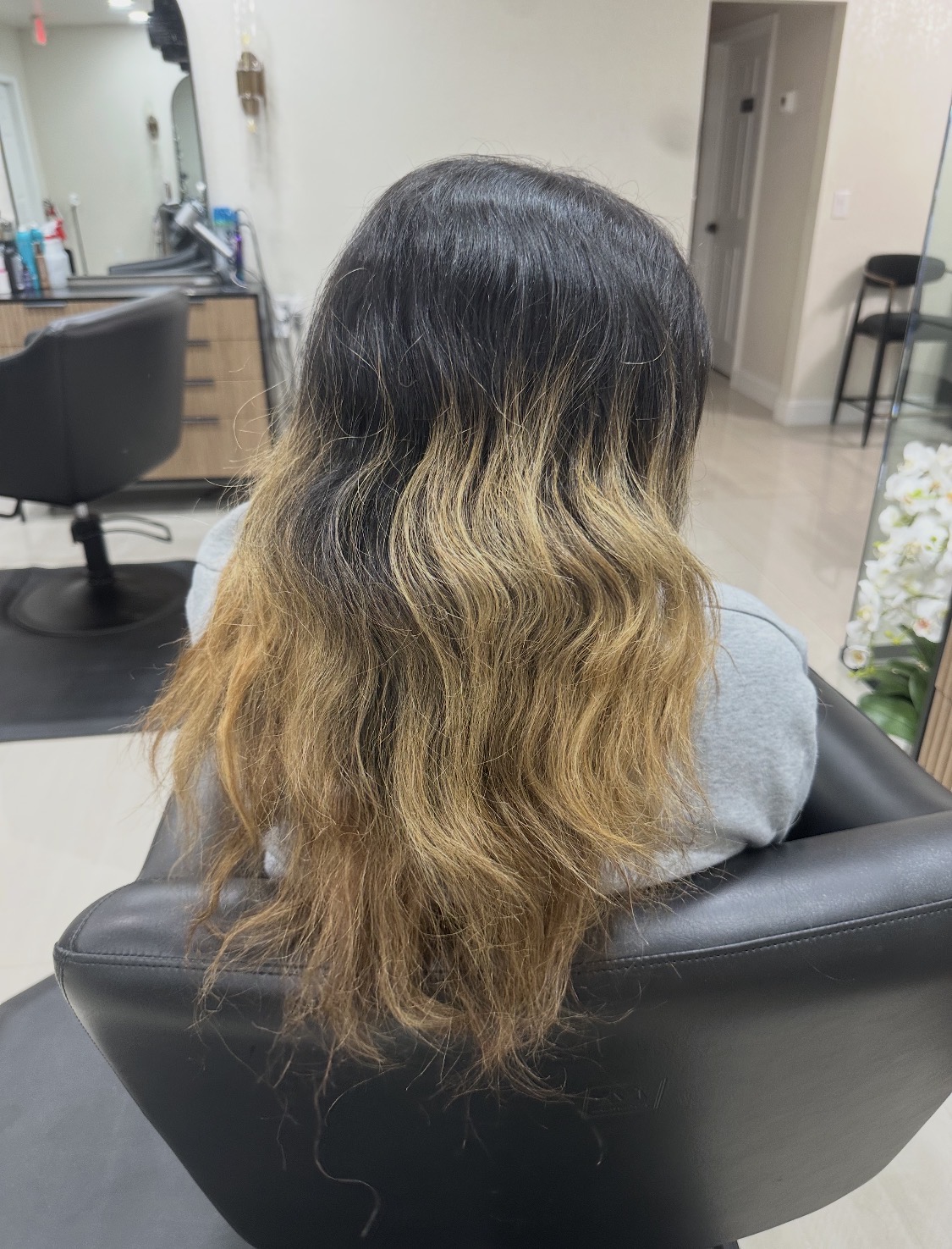 Before: grown-out ombre with brassy, uneven ends