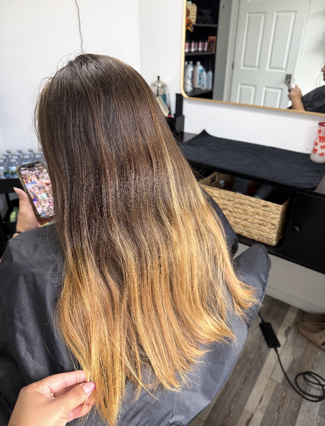 Before: dark brown base with grown-out, brassy orange ends